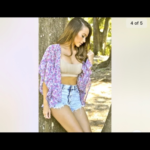 Sexy Purple Floral Semi Sheer Cover-up Chiffon Kimono Hi Lo Jacket Top Sz M New - Picture 2 of 5